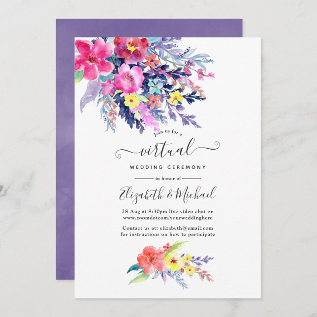 Invitation Aquarelle colorée Floral en ligne Mariage virtuel (Devant / Derrière)