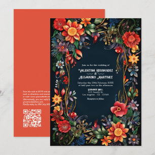 Invitation Aquarelle colorée Floral Fiesta Mariage QR Code