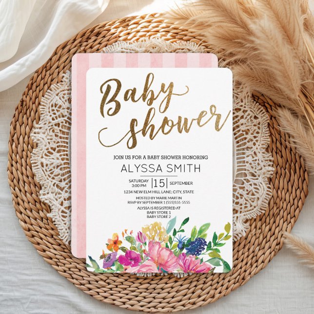 Invitation Aquarelle colorée Floral Gold Baby shower blanc (Pink, blue, and yellow watercolor floral baby shower invitation)