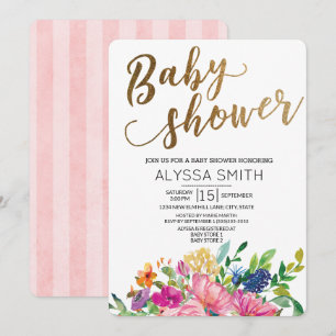 Invitation Aquarelle colorée Floral Gold Baby shower blanc