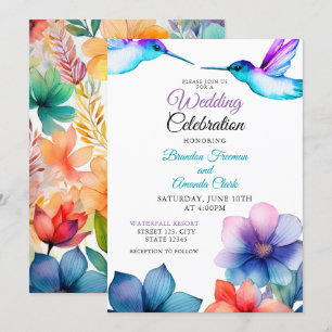 Invitation Aquarelle colorée Floral Hummingbird Mariage