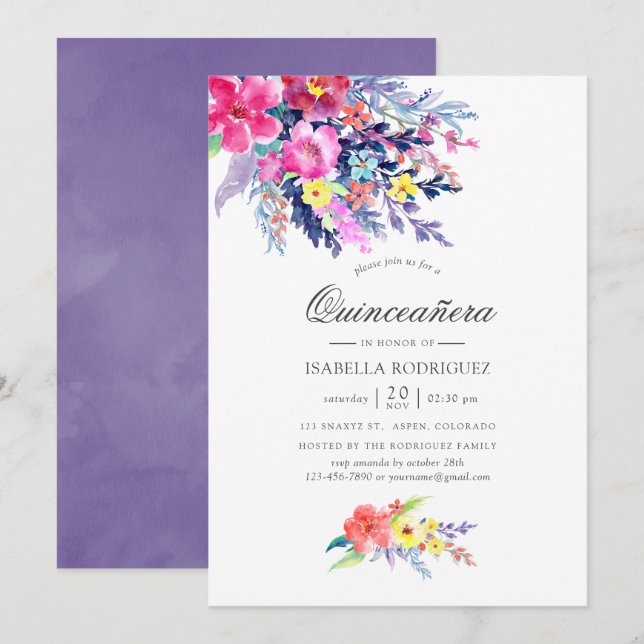 Invitation Aquarelle colorée Floral Quinceañera (Devant / Derrière)