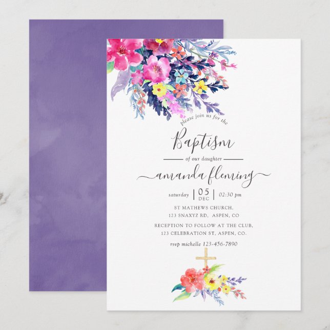 Invitation Aquarelle colorée Floral Spring Baptême (Devant / Derrière)