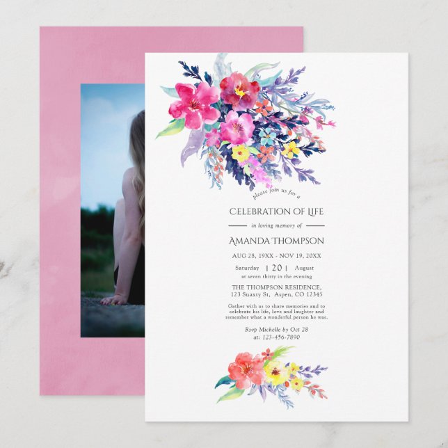 Invitation Aquarelle colorée Florale Célébration de la vie (Devant / Derrière)