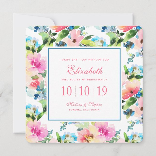 Invitation Aquarelle colorée motif floral - Bridesmaid (Devant)