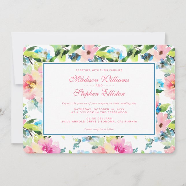 Invitation Aquarelle colorée Motif floral - Mariage (Devant)