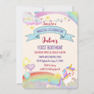 Invitation Aquarelle colorée Rainbow Unicorn Girl Birthday