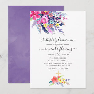 Invitation Aquarelle colorée Ressort floral Sainte Communion
