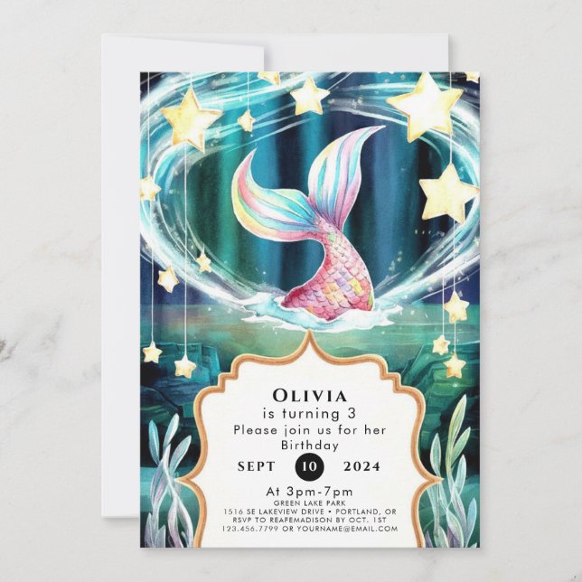 Invitation Aquarelle colorée Sirène Anniversaire (Devant)