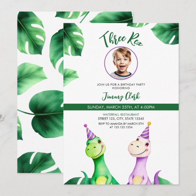 Invitation Aquarelle Colorée Trex Enfants Photo Anniversaire (Devant / Derrière)