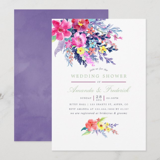 Invitation Aquarelle colorée Wedding shower floral (Devant / Derrière)