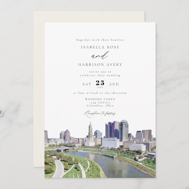 Invitation Aquarelle Columbus Ohio Skyline Peinture Mariage (Devant / Derrière)