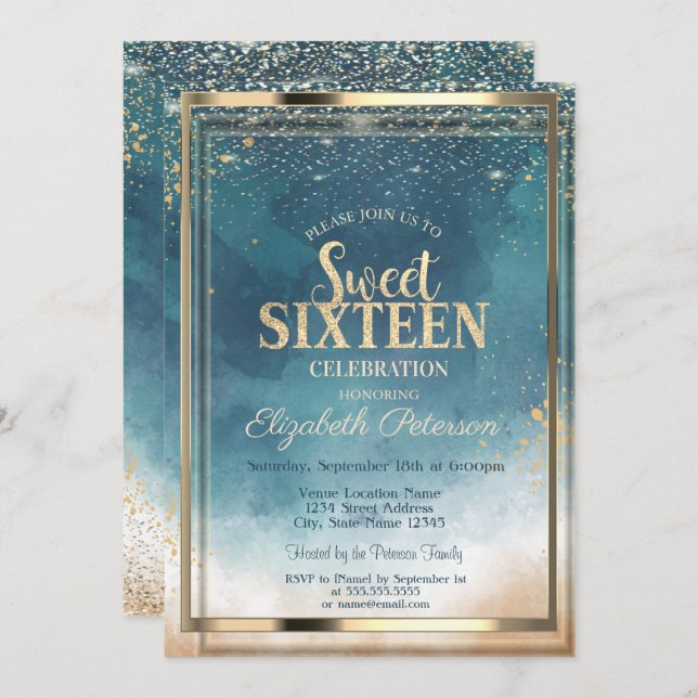 Invitation Aquarelle Confetti Gold Frame Splash Sweet 16 (Devant / Derrière)