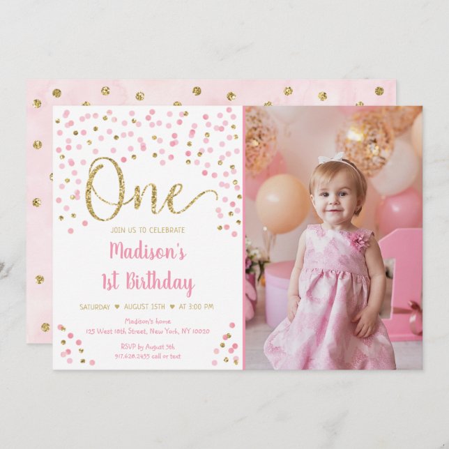 Invitation Aquarelle Confetti Gold rose Premier anniversaire  (Devant / Derrière)