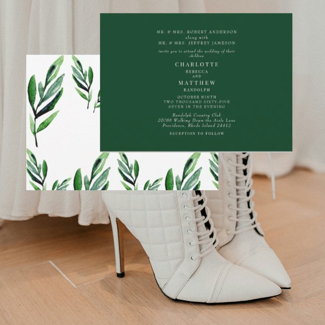 Invitation Aquarelle contemporaine Mariage vert feuillage (Créateur téléchargé)