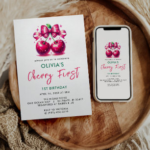 Invitation Aquarelle Coquette Cerise 1er Anniversaire