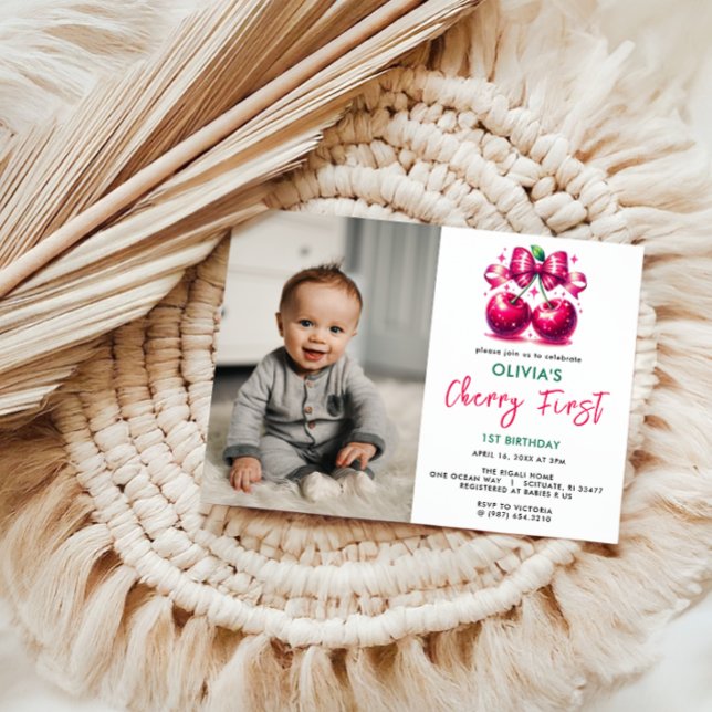 Invitation Aquarelle Coquette Cerise 1er Anniversaire (Créateur téléchargé)