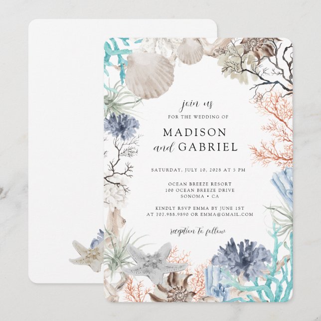Invitation Aquarelle Coquillage Corail Étoile de Mer Mariage (Devant / Derrière)