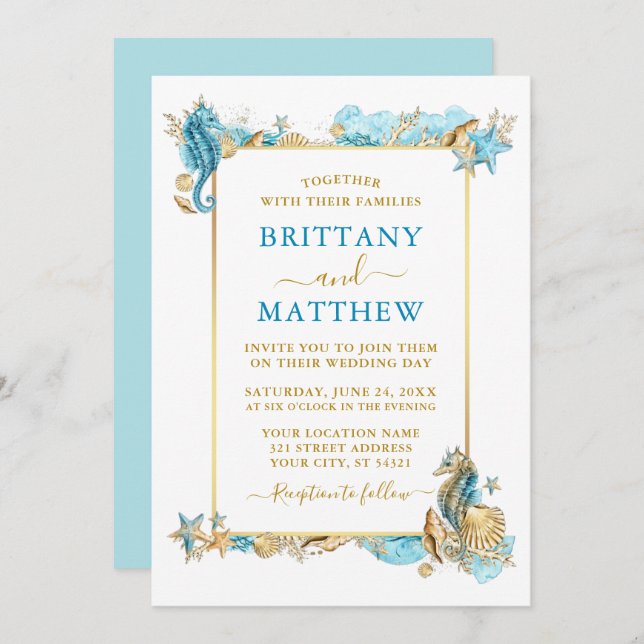 Invitation Aquarelle Coquillages Corail Mariage Côtier Bleu (Devant / Derrière)