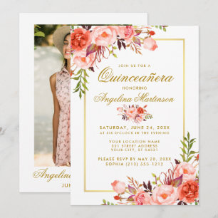 Invitation Aquarelle Corail Floral Quinceanera Gold Photo