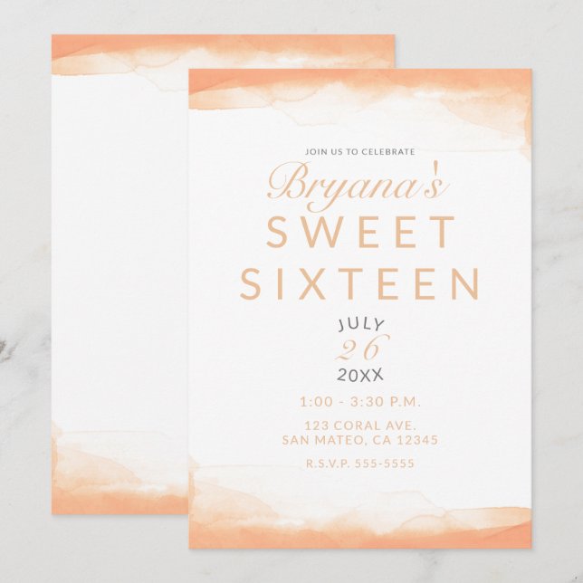 Invitation Aquarelle Corail Orange Moderne Chic Douze Ans (Devant / Derrière)