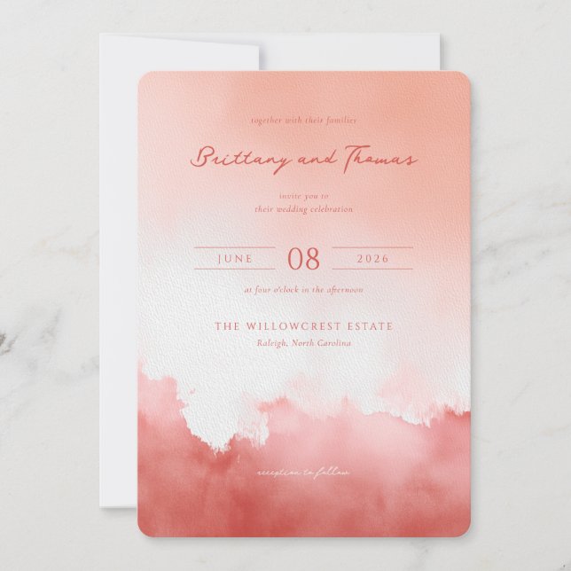 Invitation Aquarelle Corail Romantique (Devant)