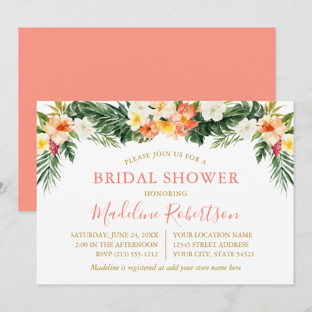 Invitation Aquarelle Corail tropical Fête des mariées florale (Devant / Derrière)