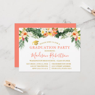 Invitation Aquarelle Corail Tropical Floral Gold Grad Party