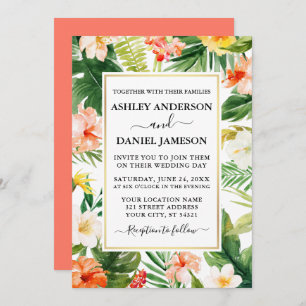 Invitation Aquarelle Corail tropical Mariage or floral