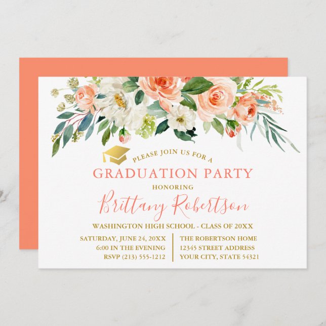 Invitation Aquarelle Coral Blanc Floral Gold Grad Party (Devant / Derrière)