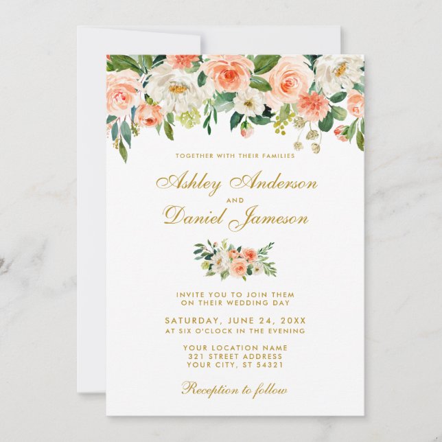 Invitation Aquarelle Coral Blanc Floral Mariage or (Devant)