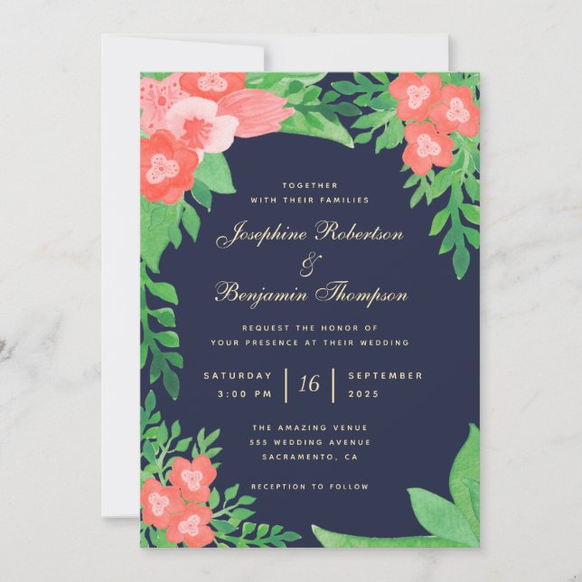 Invitation Aquarelle Coral et Vert Floral Marine Mariage bleu (Devant)