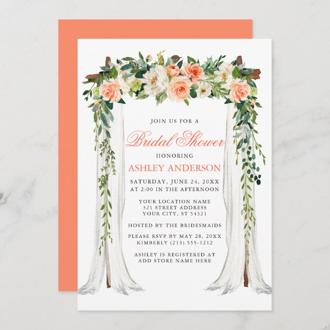 Invitation Aquarelle Coral Floral Canopée Fête des mariées (Devant / Derrière)