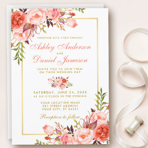 Invitation Aquarelle Coral Floral et Mariage or
