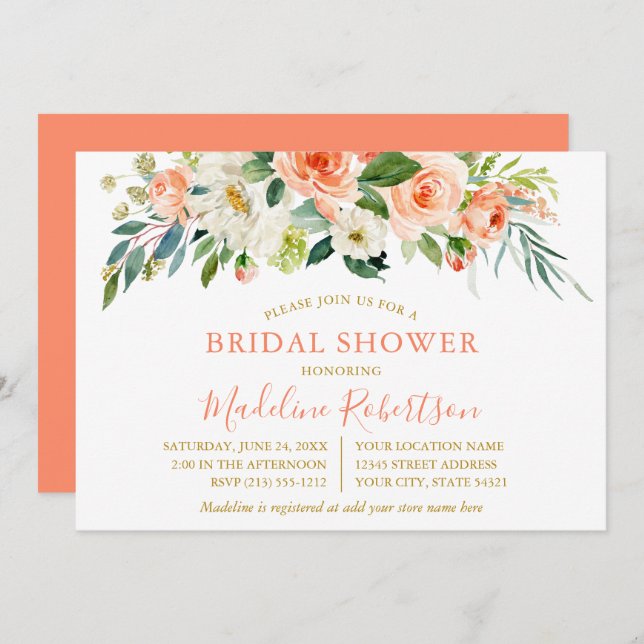 Invitation Aquarelle Coral Floral Gold Fête des mariées (Devant / Derrière)