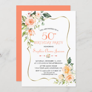Invitation Aquarelle Coral Floral Gold Frame 50e anniversaire
