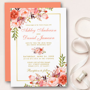 Invitation Aquarelle Coral Floral Gold Mariage