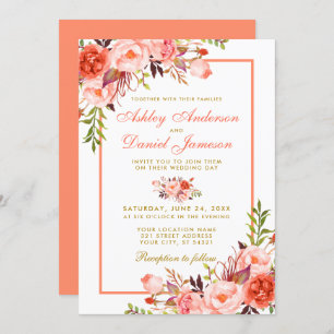 Invitation Aquarelle Coral Floral Mariage or