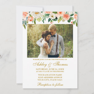 Invitation Aquarelle Coral Floral Photo Mariage Or