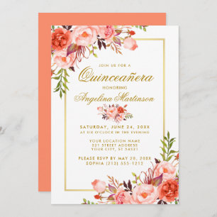 Invitation Aquarelle Coral Floral Quinceanera Gold Frame