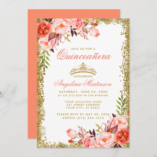 Invitation Aquarelle Coral Floral Quinceanera Gold Parties sc (Devant / Derrière)