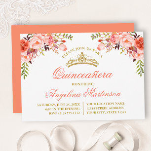 Invitation Aquarelle Coral Floral Quinceanera Party