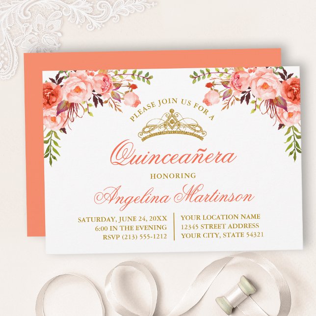 Invitation Aquarelle Coral Floral Quinceanera Party (Customize to change text color, style, add text & photos to back or change color of back of card.)