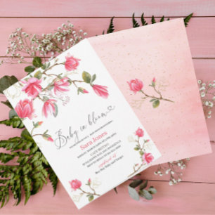 Invitation Aquarelle Coral Magnolia Bébé en fleur Baby Showe