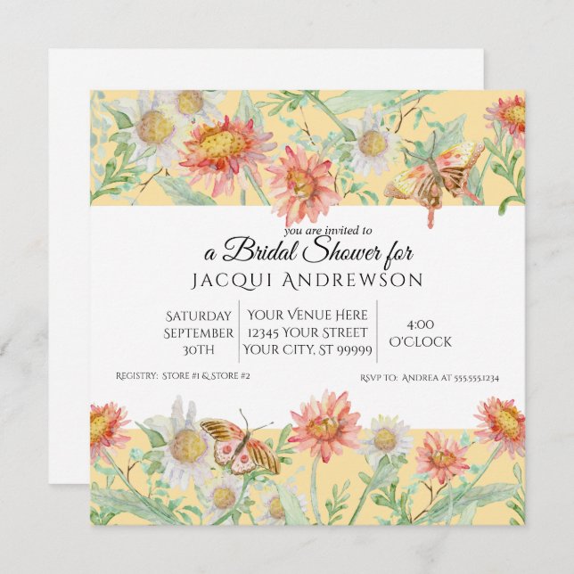 Invitation Aquarelle Coral Mint Jaune Floral Fête des mariées (Devant / Derrière)