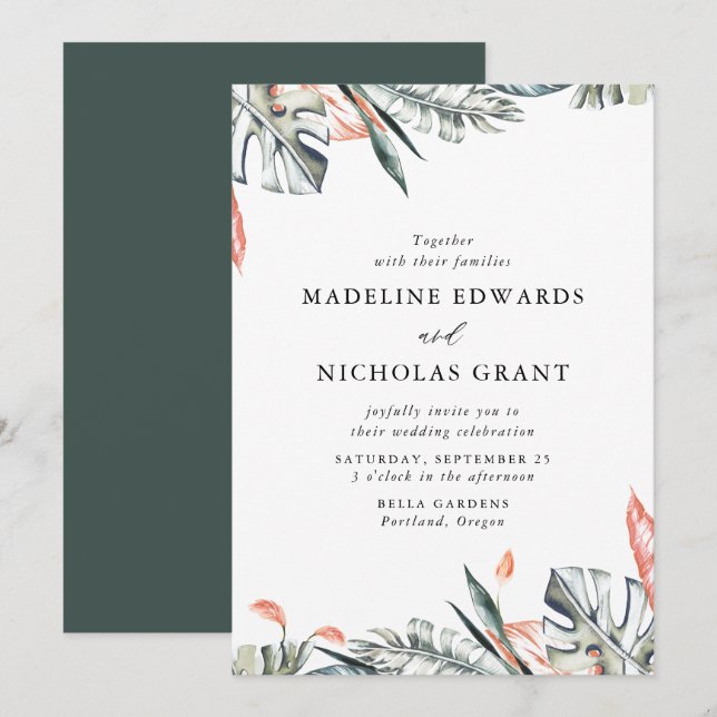 Invitation Aquarelle Coral & Vert Feuille Tropical Mariage (Devant / Derrière)