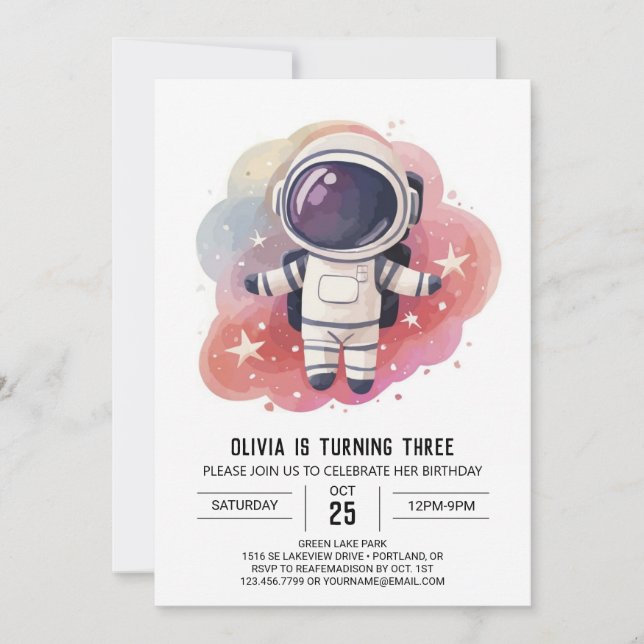 Invitation Aquarelle cosmique Explorateur Astronaut Anniversa (Devant)