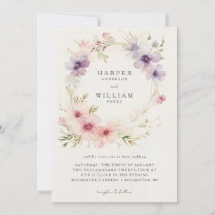 Invitation Aquarelle cosmos fleurs couronnes mariage