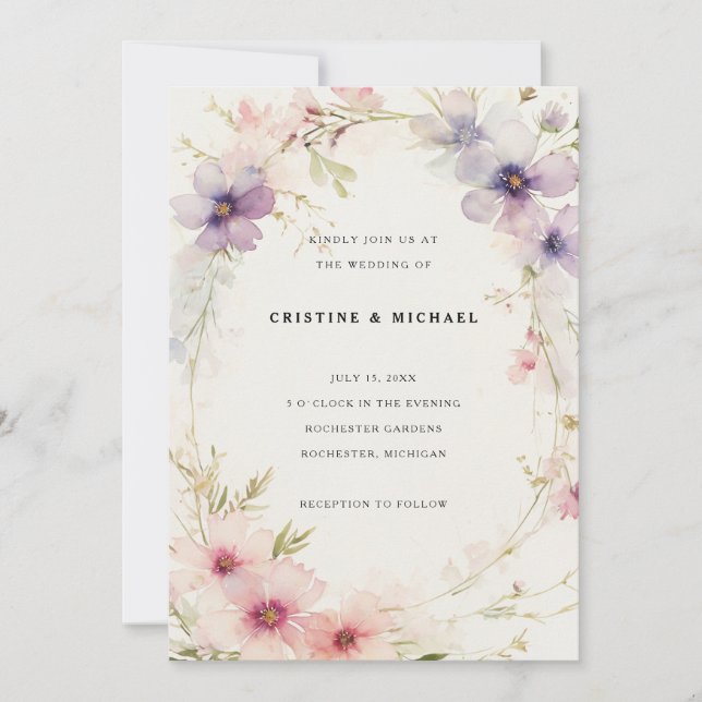 Invitation Aquarelle cosmos fleurs mariage (Devant)