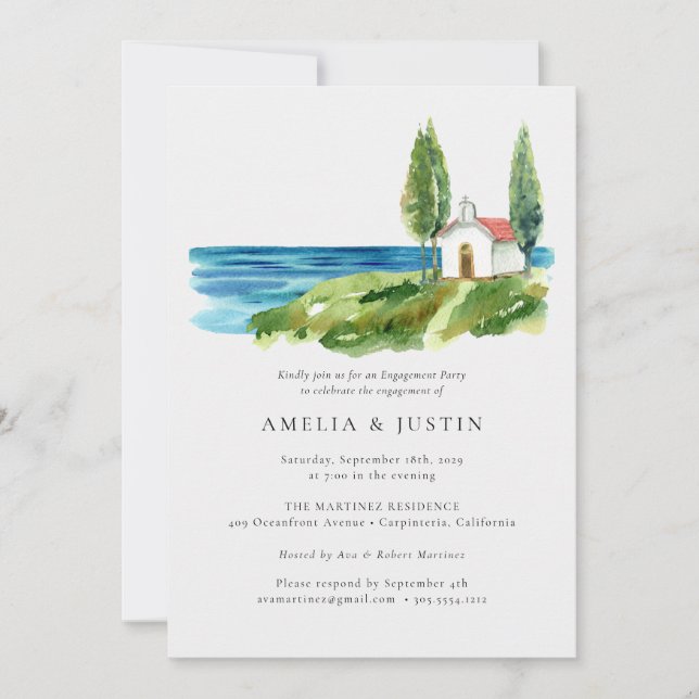 Invitation Aquarelle côtière Chapelle Ocean Engagement Party (Devant)